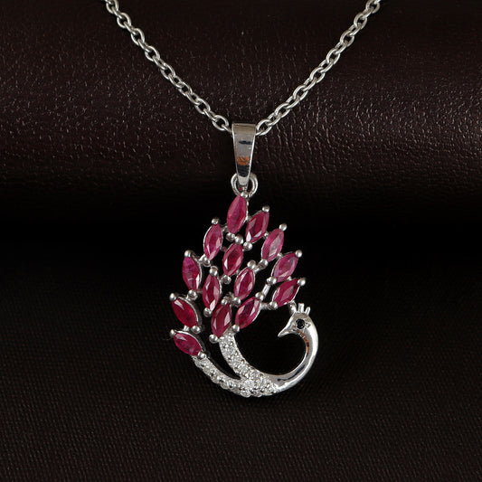 Natural Ruby Peacock Pendant-925 Sterling Silver Pendant-Diamond Bird Pendant-Chain Pendant-July Birthstone Pendant-Wedding Gift for Her