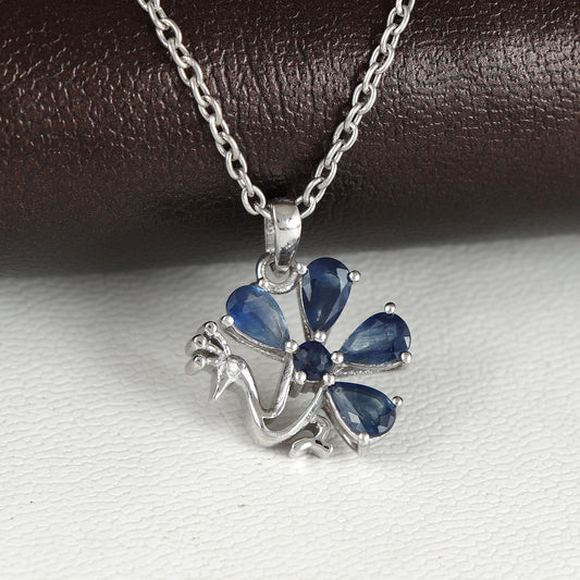 Natural Blue Sapphire Peacock Pendant-925 Sterling Silver-Sapphire Bird Pendant-September Birthstone Pendant-Chain Pendant Gift for Her