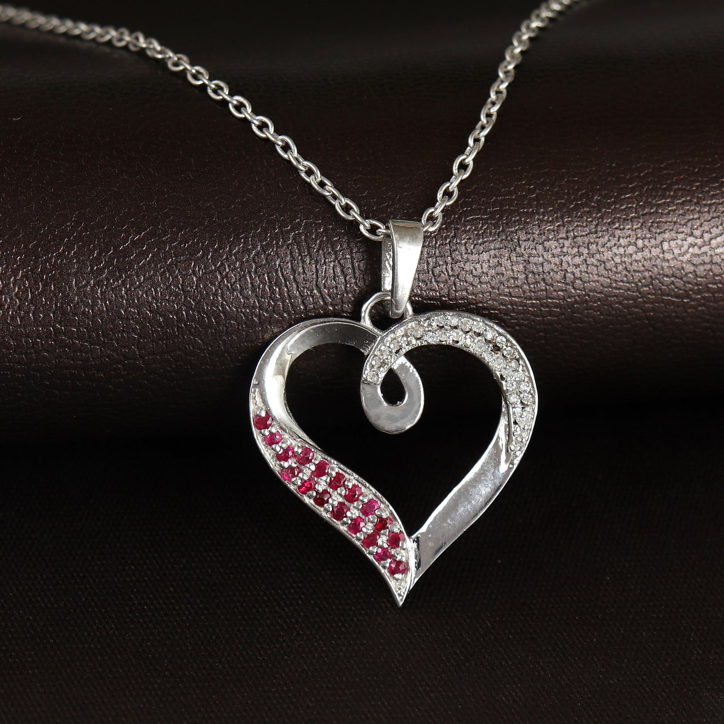 Natural Ruby Heart Shape Pendant-925 Sterling Silver Pendant-Diamond Pendant-July Birthstone Pendant-Round Gemstone Pendant-Christmas Gift