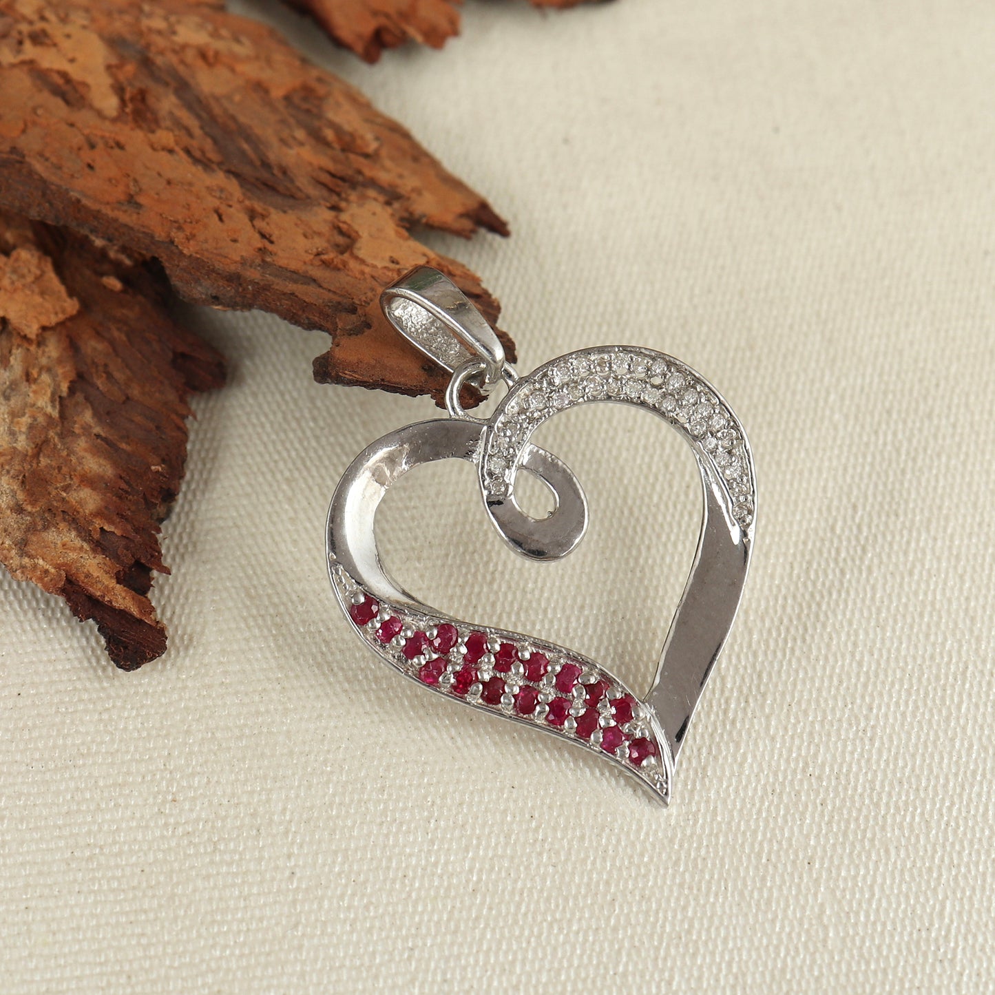 Natural Ruby Heart Shape Pendant-925 Sterling Silver Pendant-Diamond Pendant-July Birthstone Pendant-Round Gemstone Pendant-Christmas Gift