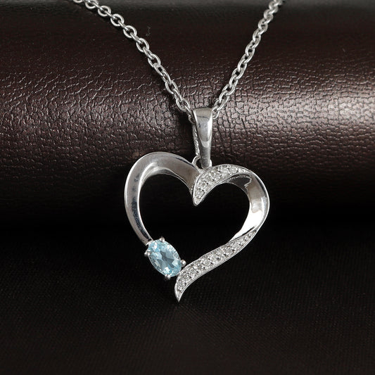 Natural Aquamarine Oval Cut Gemstone Pendant-925 Sterling Silver Pendant-March Birthstone Pendant-Heart Shape Pendant-Chain Pendant for Gift