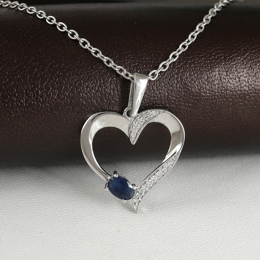 Blue Sapphire & Diamond Pendant-925 Sterling Silver Chain Pendant-September Birthstone-Designer Sapphire Pendant-Wedding Anniversary Gift