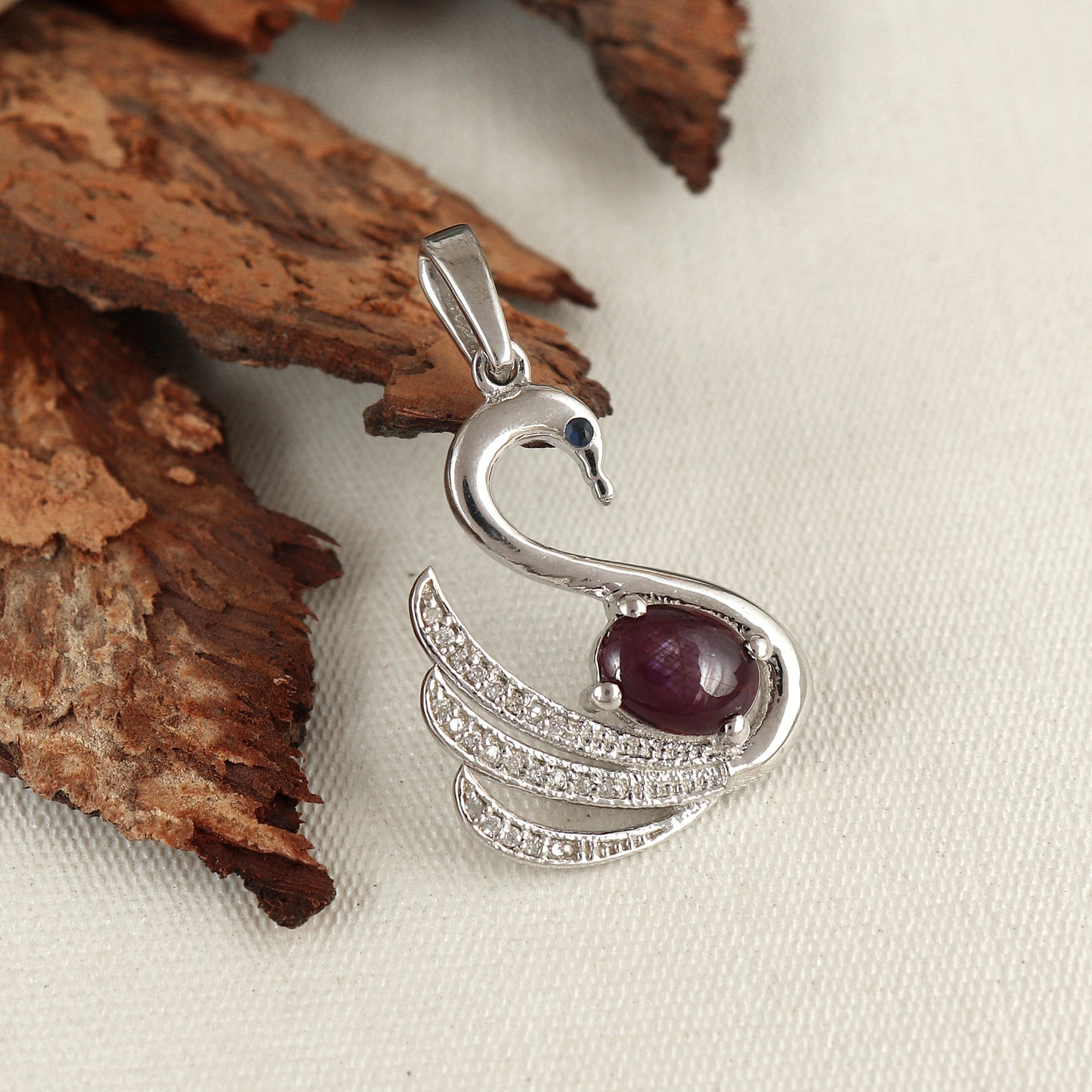 Star Ruby Pendant-925 Sterling Silver Pendant-Swab Bird Ruby Pendant-Diamond Pendant-Oval Cabochon Gemstone Pendant-Christmas Gift for Her