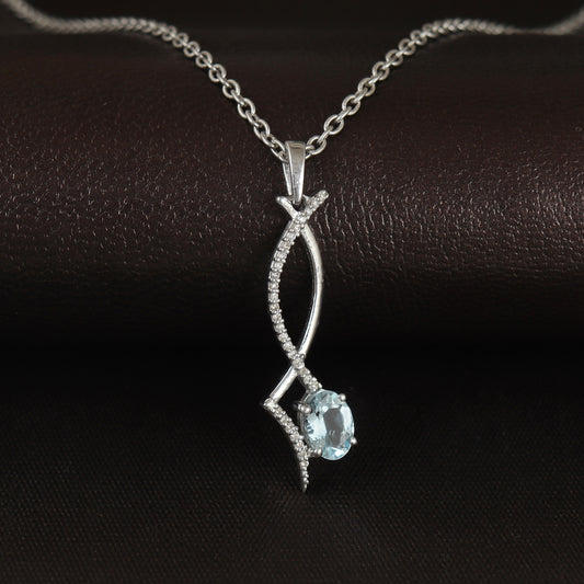Natural Aquamarine Oval Cut Gemstone Pendant-925 Sterling Silver Pendant-March Birthstone-Aquamarine Jewelry-Diamond Chain Pendant for Gift