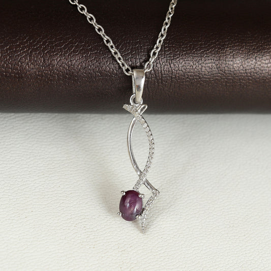 Star Ruby Oval Gemstone Pendant-925 Sterling Silver-Dainty Star Ruby Pendant-Silver Chain Pendant-July Birthstone Pendant-Wedding Gift Her