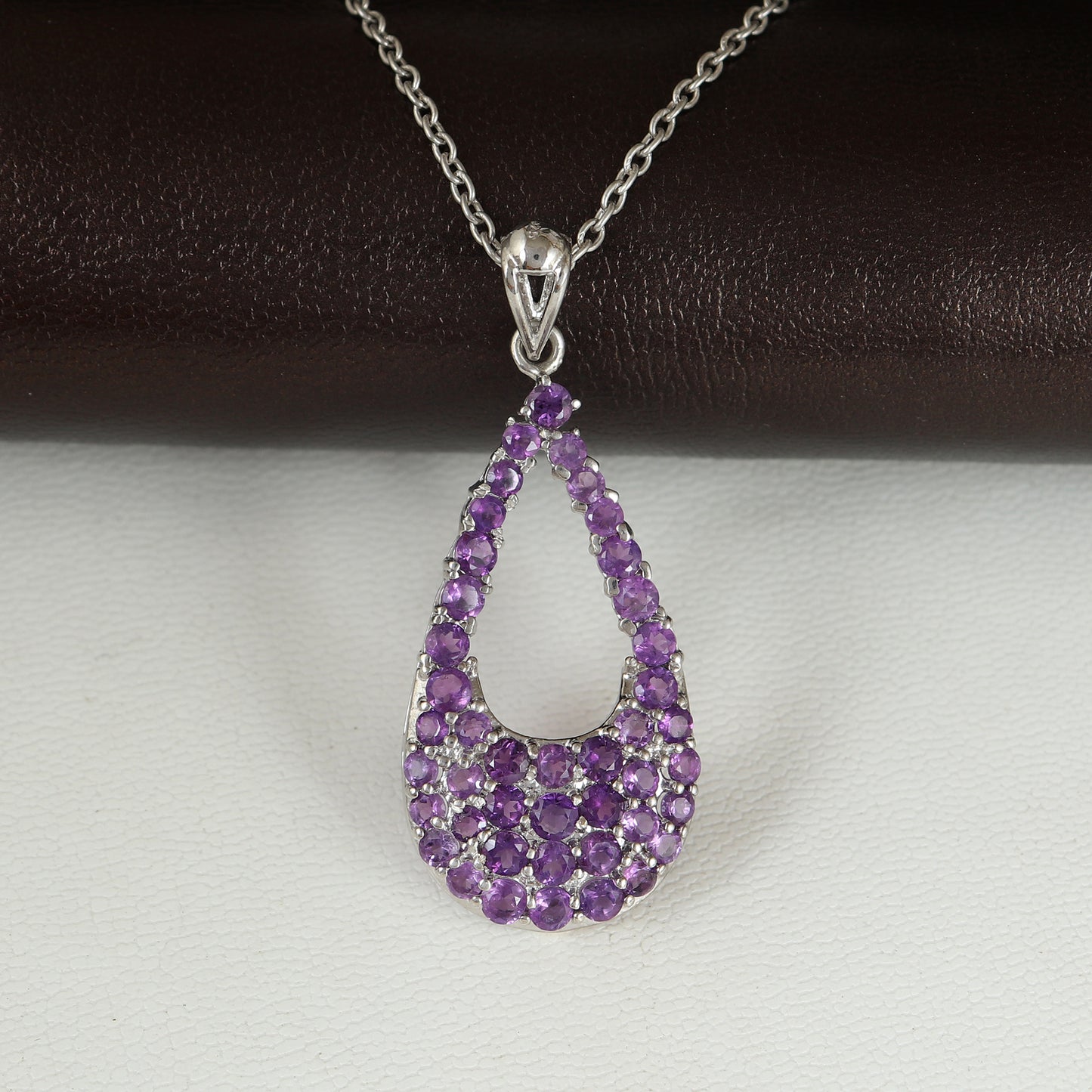 Natural Amethyst Pendant Necklace-925 Sterling Silver-Pear Shape Pendant-February Birthstone Necklace-Round Gemstone Pendant-Gift for Her