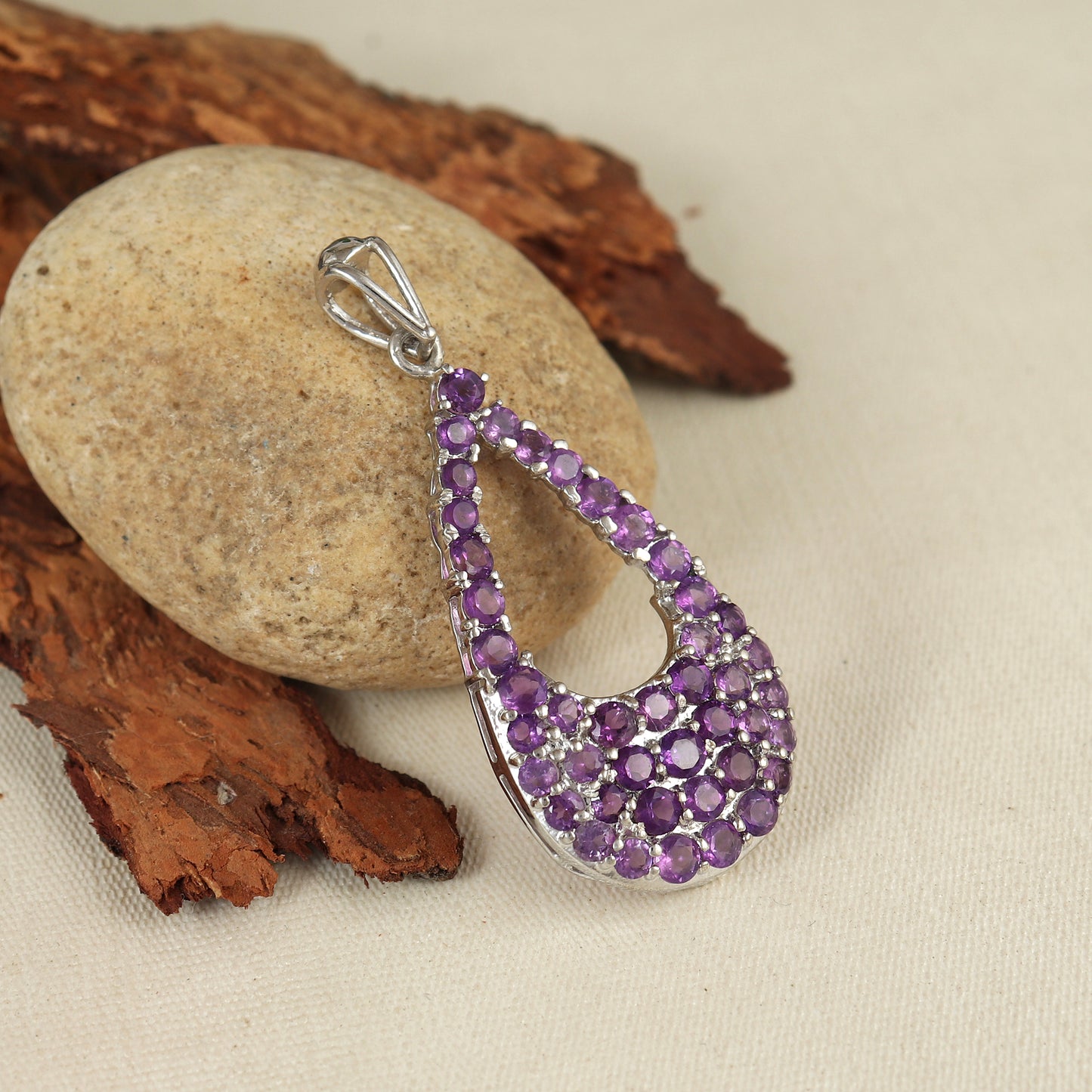 Natural Amethyst Pendant Necklace-925 Sterling Silver-Pear Shape Pendant-February Birthstone Necklace-Round Gemstone Pendant-Gift for Her