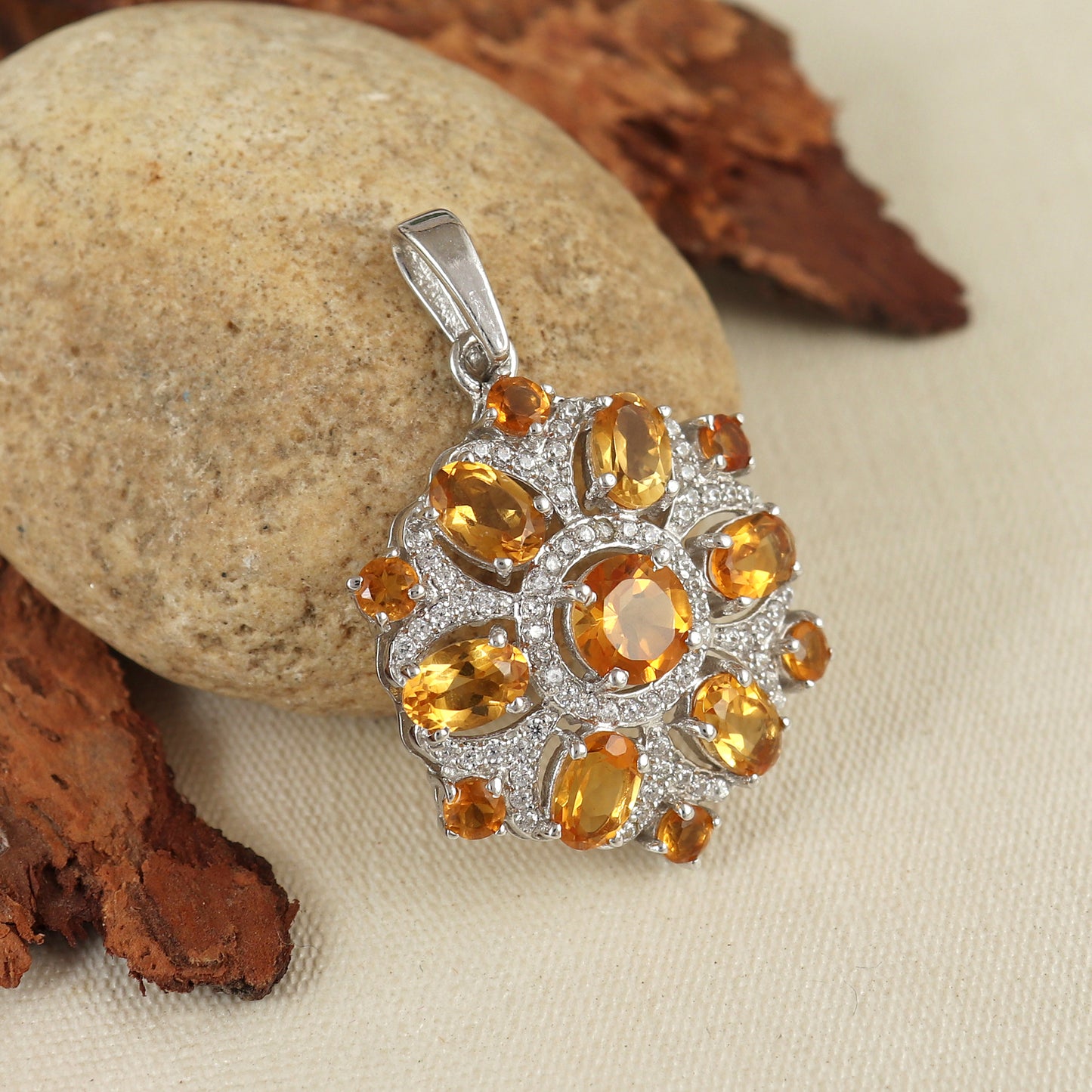 Natural Citrine Pendant-925 Sterling Silver Pendant-Oval Cut Gemstone Pendant-Cluster Pendant-November Birthstone-Anniversary Gift for Her