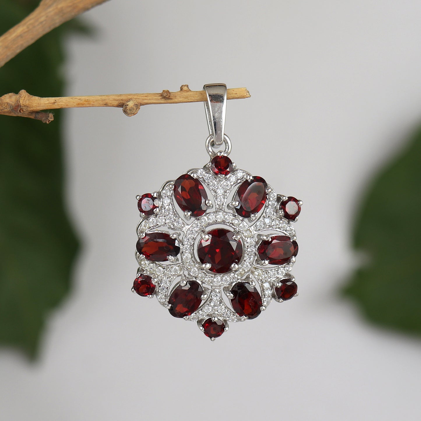 Natural Garnet Pendant-925 Sterling Silver Pendant-Oval & Round Gemstone Pendant-Cluster Pendant-January Birthstone-Anniversary Gift for Her