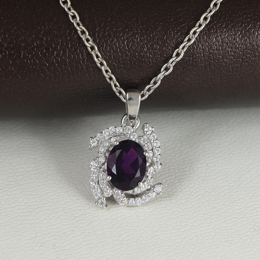 African Amethyst Oval Cut Gemstone Pendant-925 Sterling Silver Pendant-Amethyst Cluster Pendant-February Birthstone Pendant-Christmas Gift