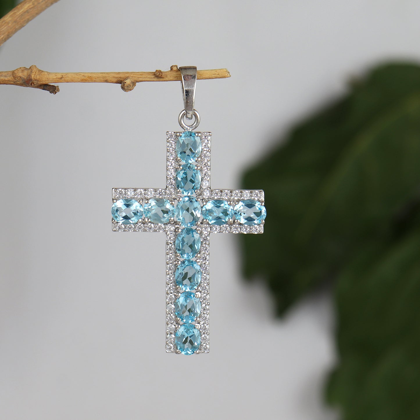 Swiss Blue Topaz Cross Pendant-925 Sterling Silver Cross-Oval Cut Gemstone Cross Pendant- Swiss Blue Topaz Holy Cross Pendant-Gift for Her