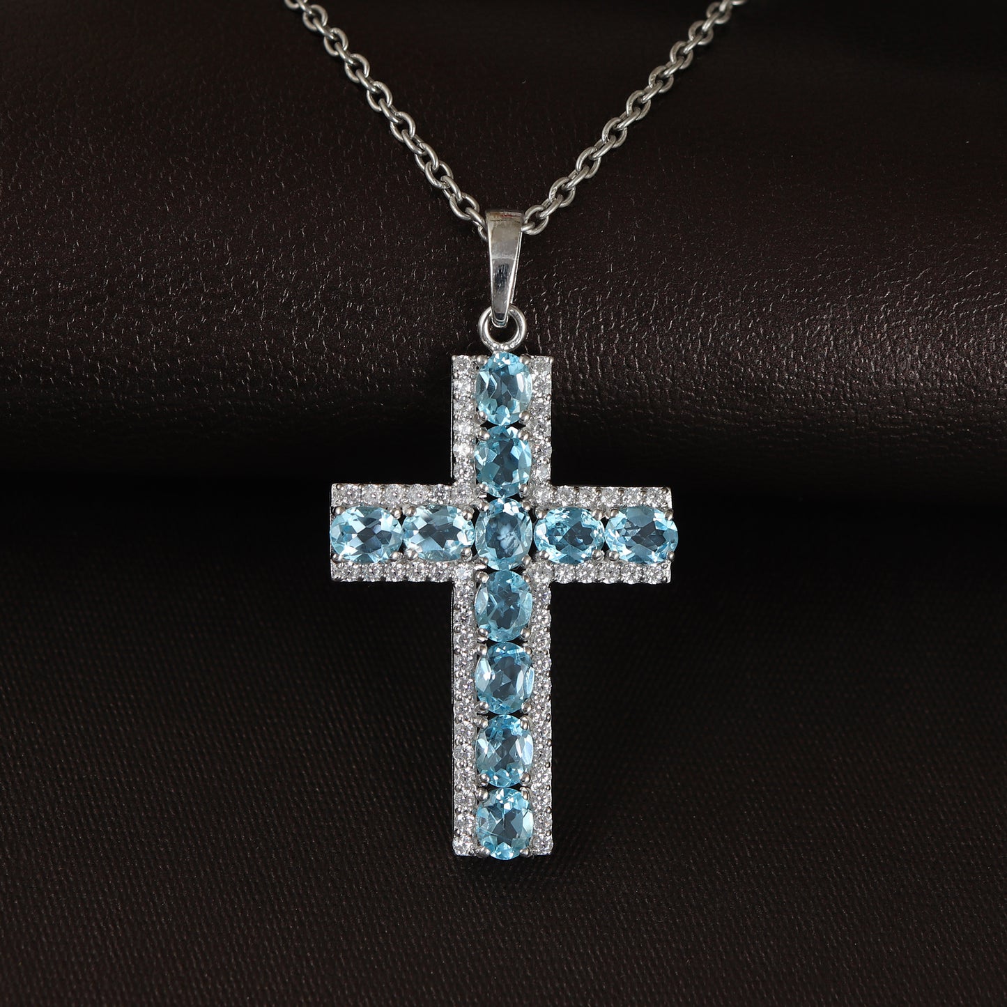 Swiss Blue Topaz Cross Pendant-925 Sterling Silver Cross-Oval Cut Gemstone Cross Pendant- Swiss Blue Topaz Holy Cross Pendant-Gift for Her