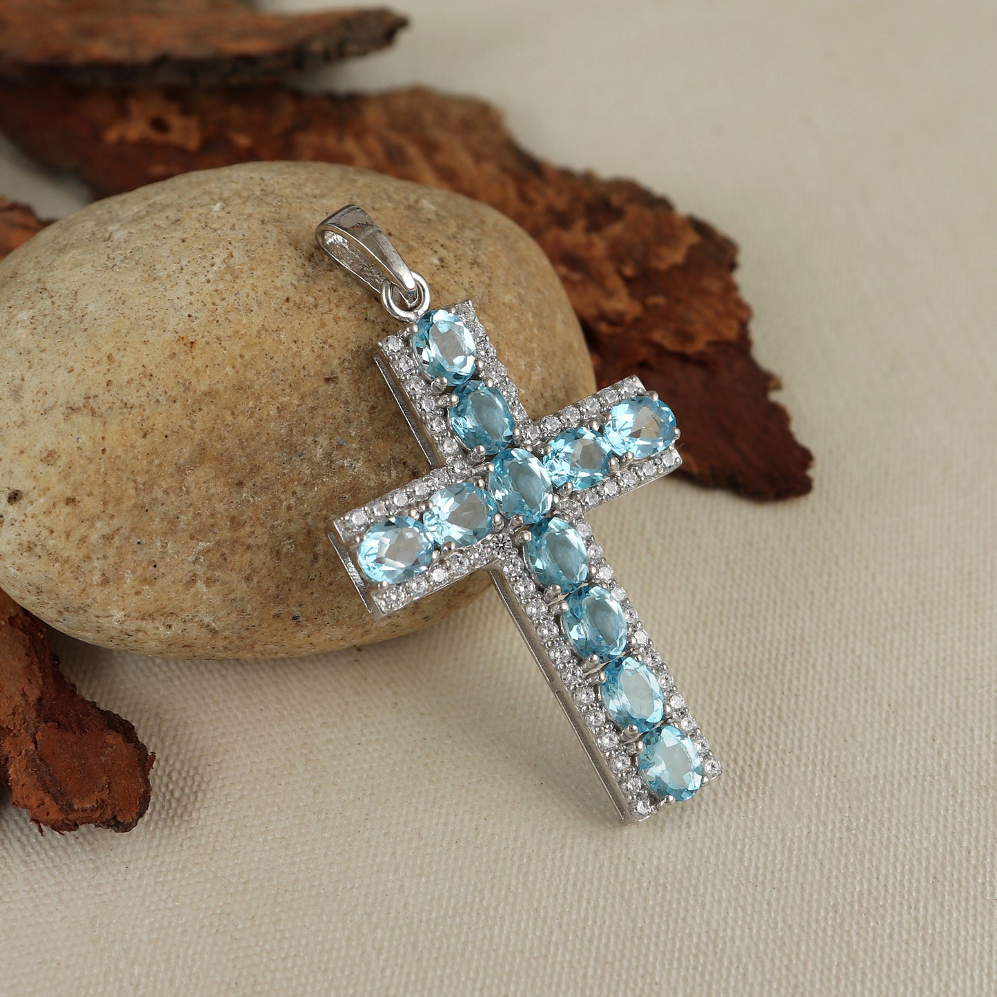 Swiss Blue Topaz Cross Pendant-925 Sterling Silver Cross-Oval Cut Gemstone Cross Pendant- Swiss Blue Topaz Holy Cross Pendant-Gift for Her