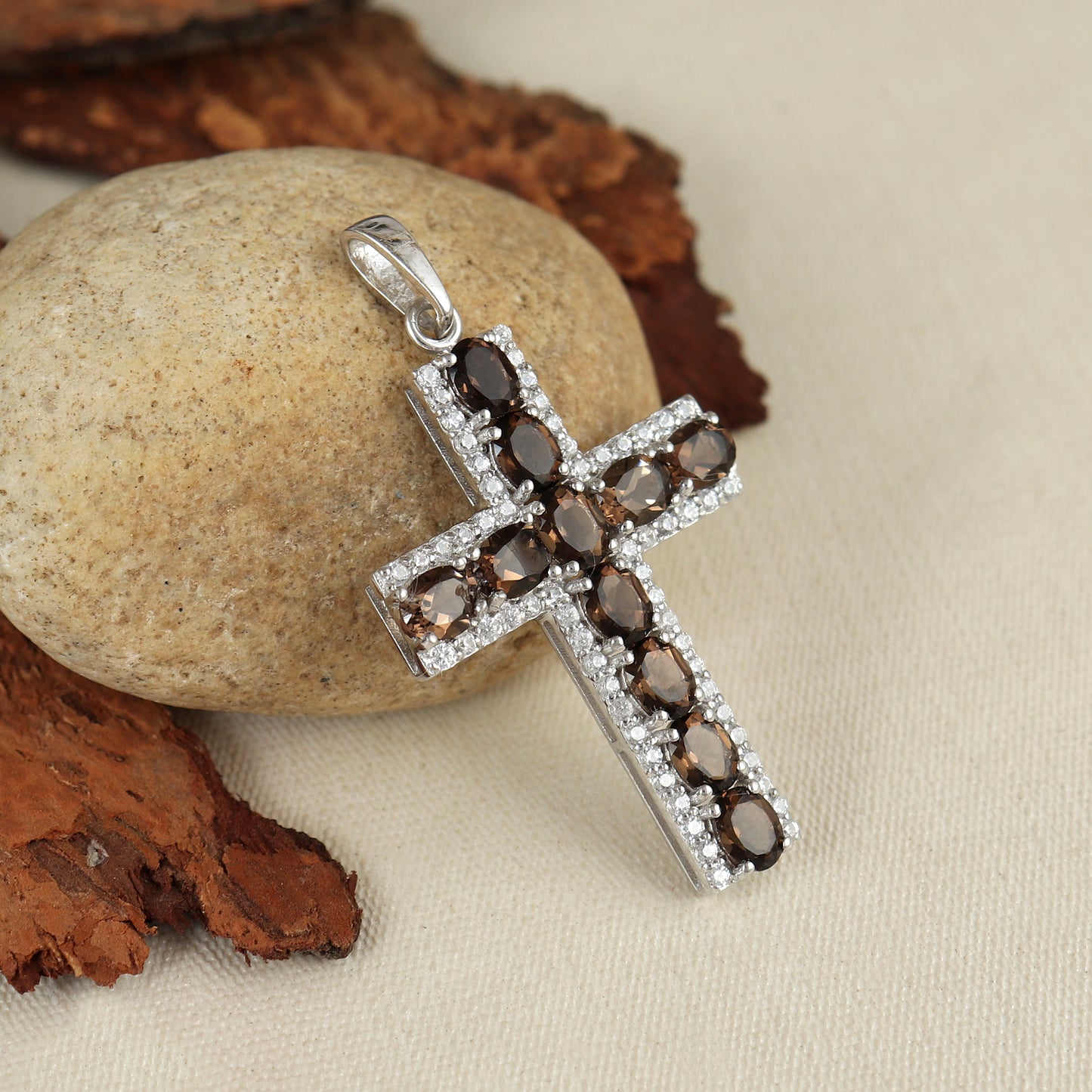 Natural Smoky Quartz Cross Pendant Necklace-925 Sterling Silver-June Birthstone-Holy Cross Pendant-Smoky Quartz Jewelry-Gift for Her