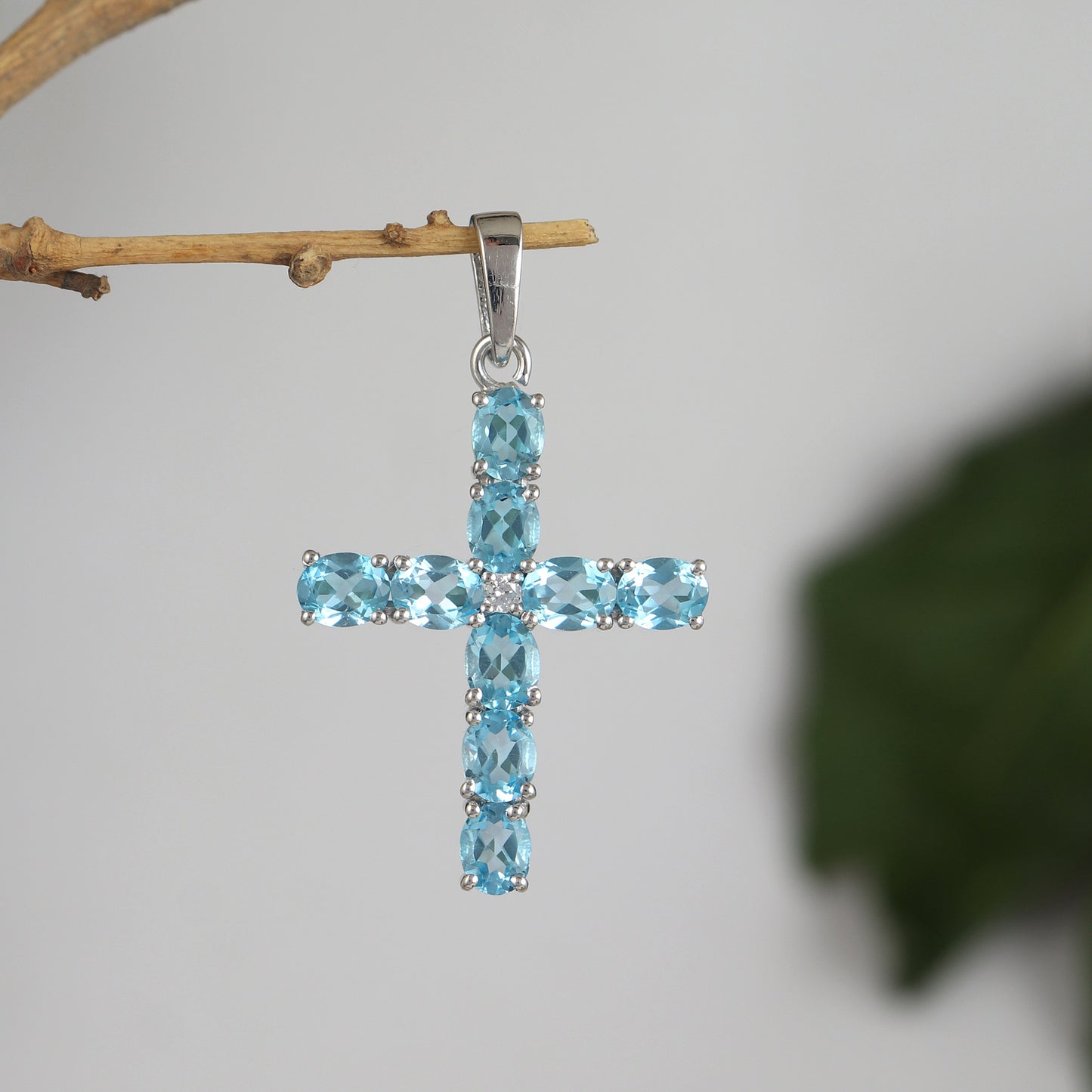 Swiss Blue Topaz Cross Pendant-925 Sterling Silver Cross-Oval Cut Gemstone Cross Pendant- Swiss Blue Topaz Holy Cross Pendant-Gift for Her