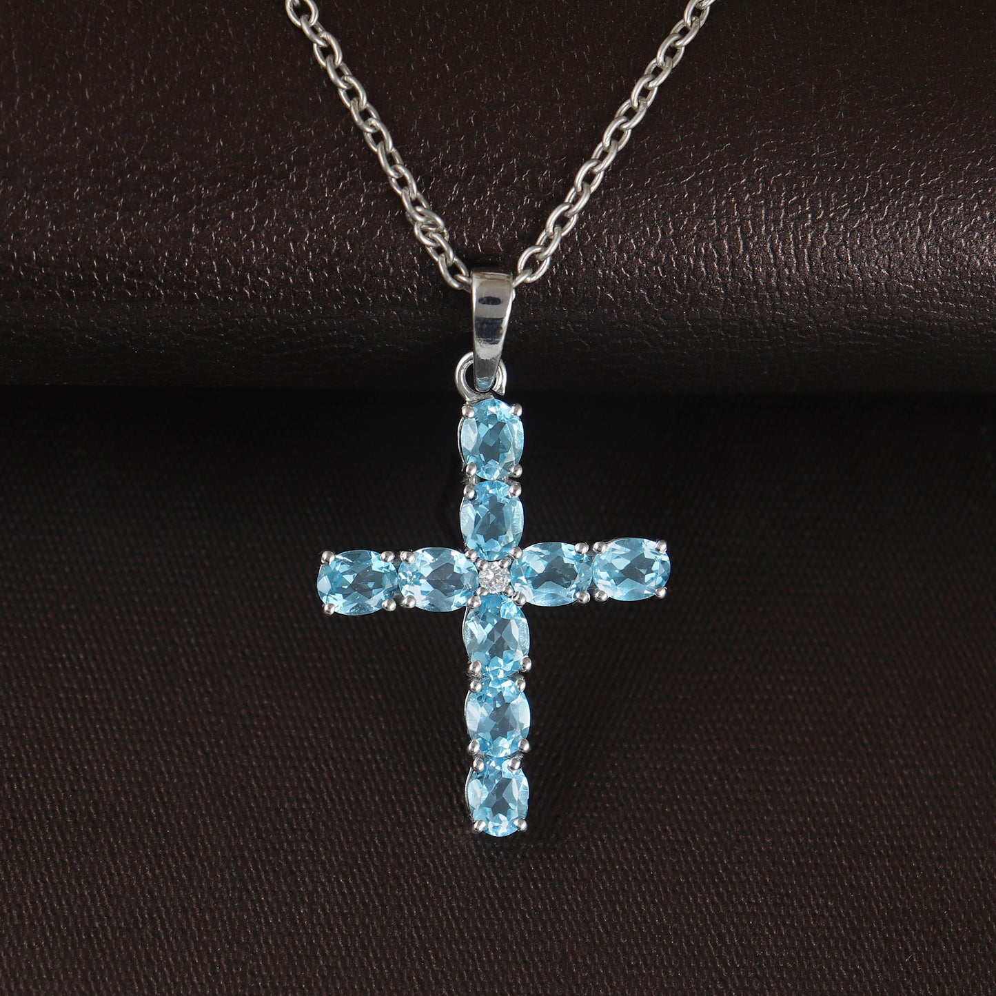 Swiss Blue Topaz Cross Pendant-925 Sterling Silver Cross-Oval Cut Gemstone Cross Pendant- Swiss Blue Topaz Holy Cross Pendant-Gift for Her