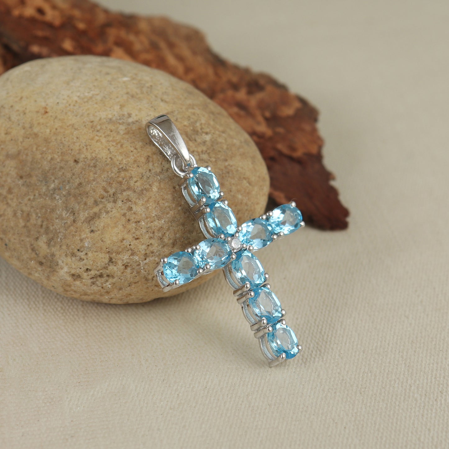 Swiss Blue Topaz Cross Pendant-925 Sterling Silver Cross-Oval Cut Gemstone Cross Pendant- Swiss Blue Topaz Holy Cross Pendant-Gift for Her