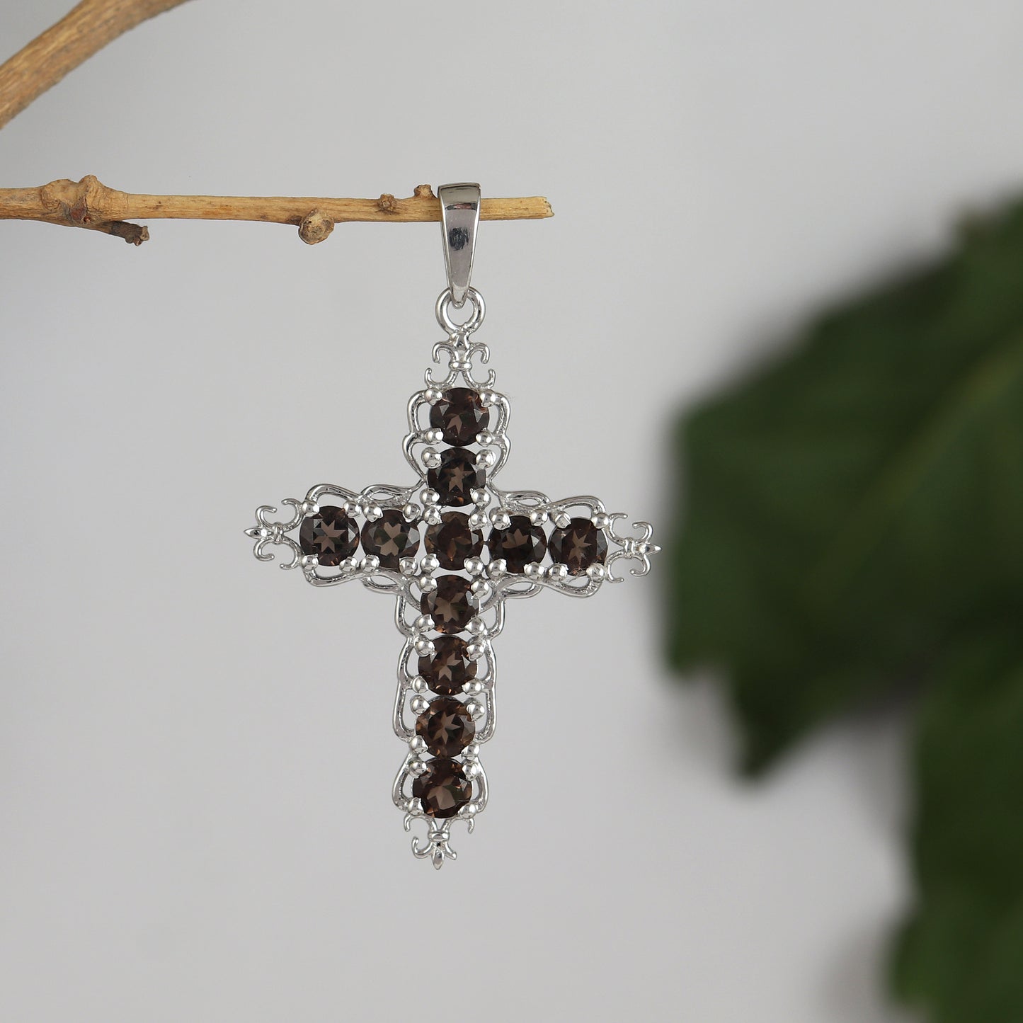 Natural Smoky Quartz Cross Pendant-925 Sterling Silver Necklace-June Birthstone-Holy Cross Pendant-Smoky Quartz Jewelry-Gift for Her