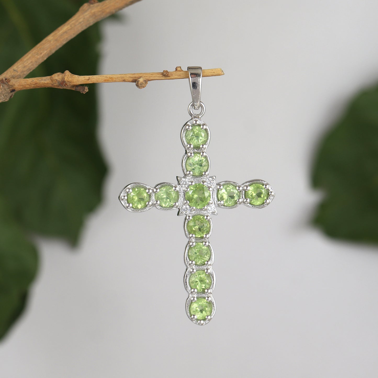 Natural Peridot Cross Pendant-925 Sterling Silver Cross-Round Peridot Gemstone Pendant-Peridot Holy Cross Pendant-Christmas Gift for Her