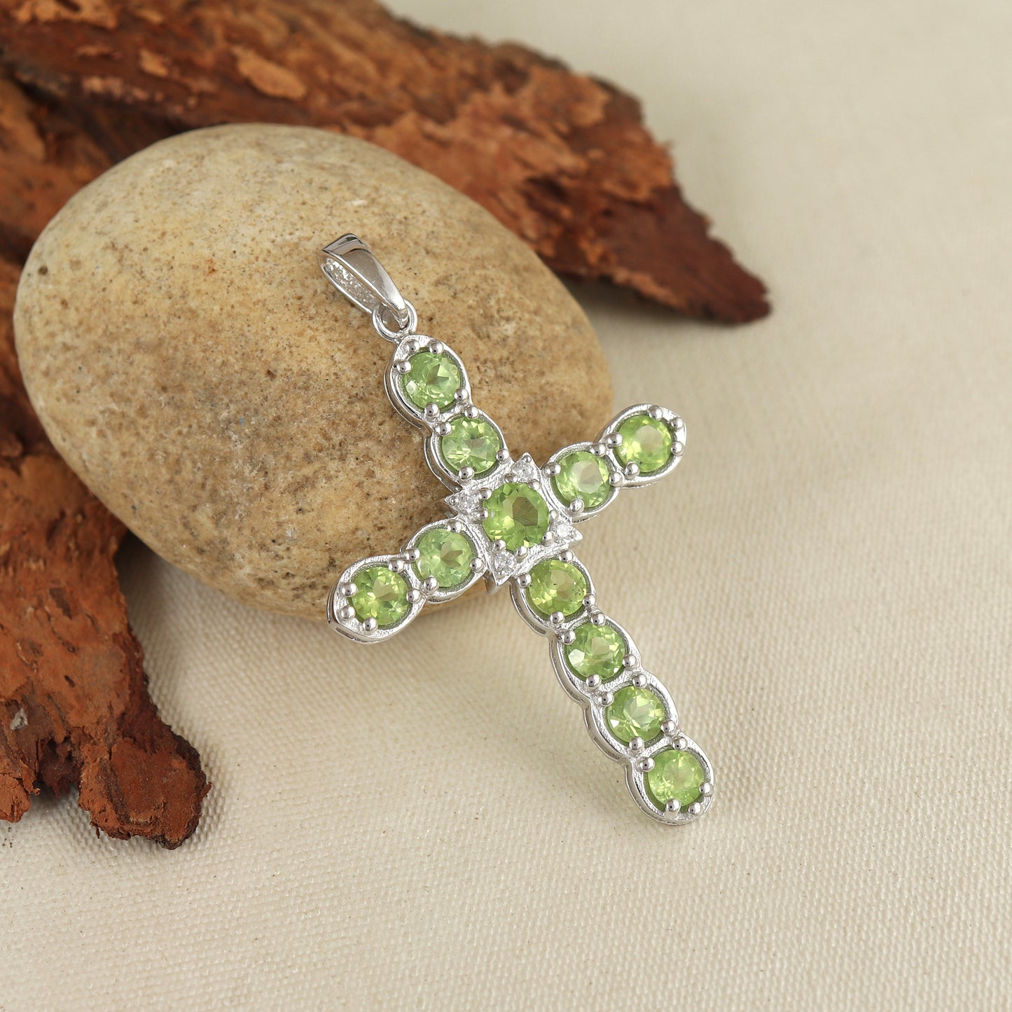 Natural Peridot Cross Pendant-925 Sterling Silver Cross-Round Peridot Gemstone Pendant-Peridot Holy Cross Pendant-Christmas Gift for Her