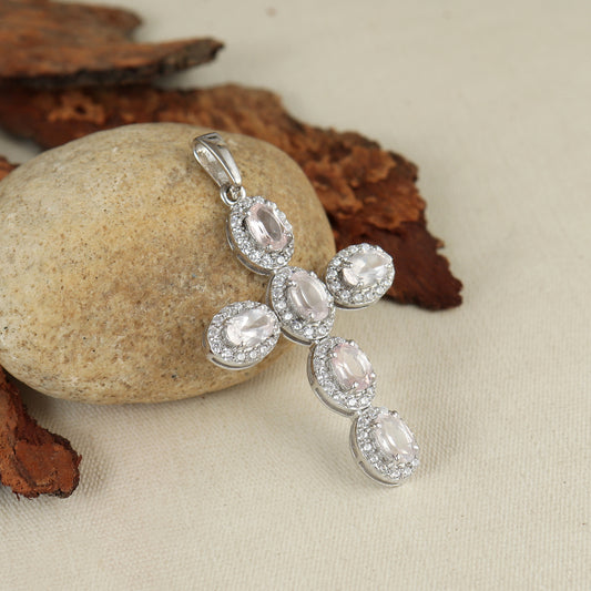 Rose Quartz Cross Pendant-925 Sterling Silver-Holy Cross Pendant-Charm Pendant-Rose Quartz Jewelry-January Birthstone Pendant-Gift for Her