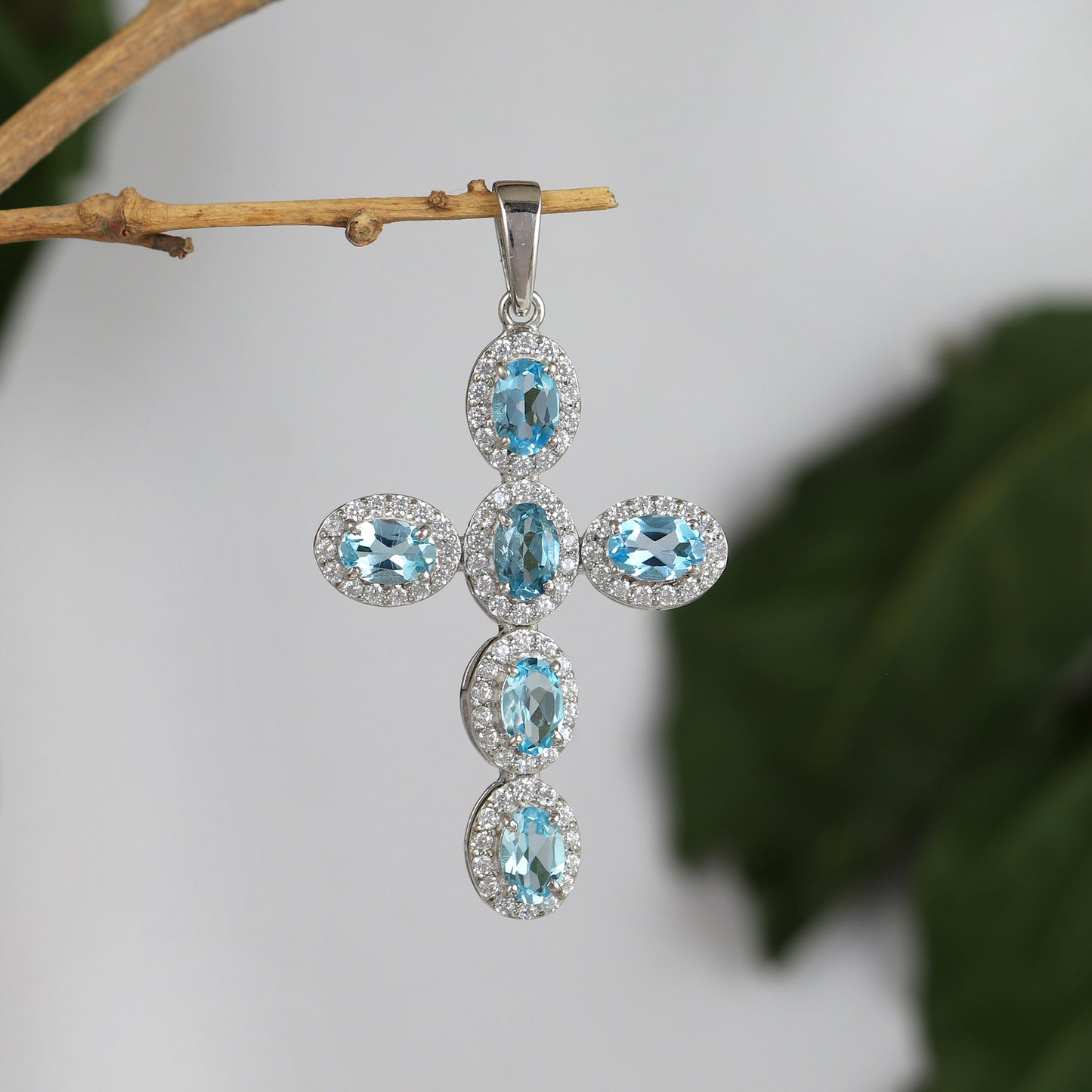 Swiss Blue Topaz Cross Pendant-925 Sterling Silver Cross-Oval Cut Gemstone Cross Pendant-Swiss Blue Topaz Holy Cross Pendant-Gift for Her