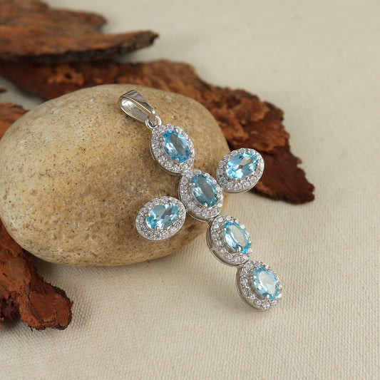 Swiss Blue Topaz Cross Pendant-925 Sterling Silver Cross-Oval Cut Gemstone Cross Pendant-Swiss Blue Topaz Holy Cross Pendant-Gift for Her