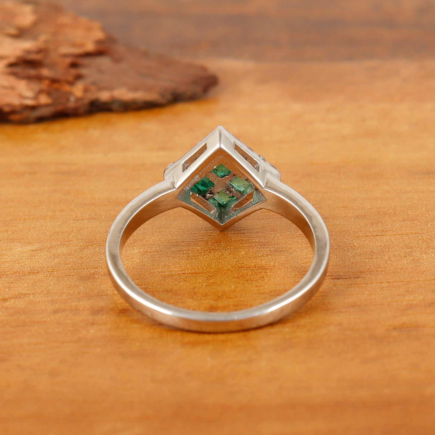Natural Emerald & Diamond Ring 925 Sterling Silver Square Cut Gemstone Ring Wedding Gift for Her