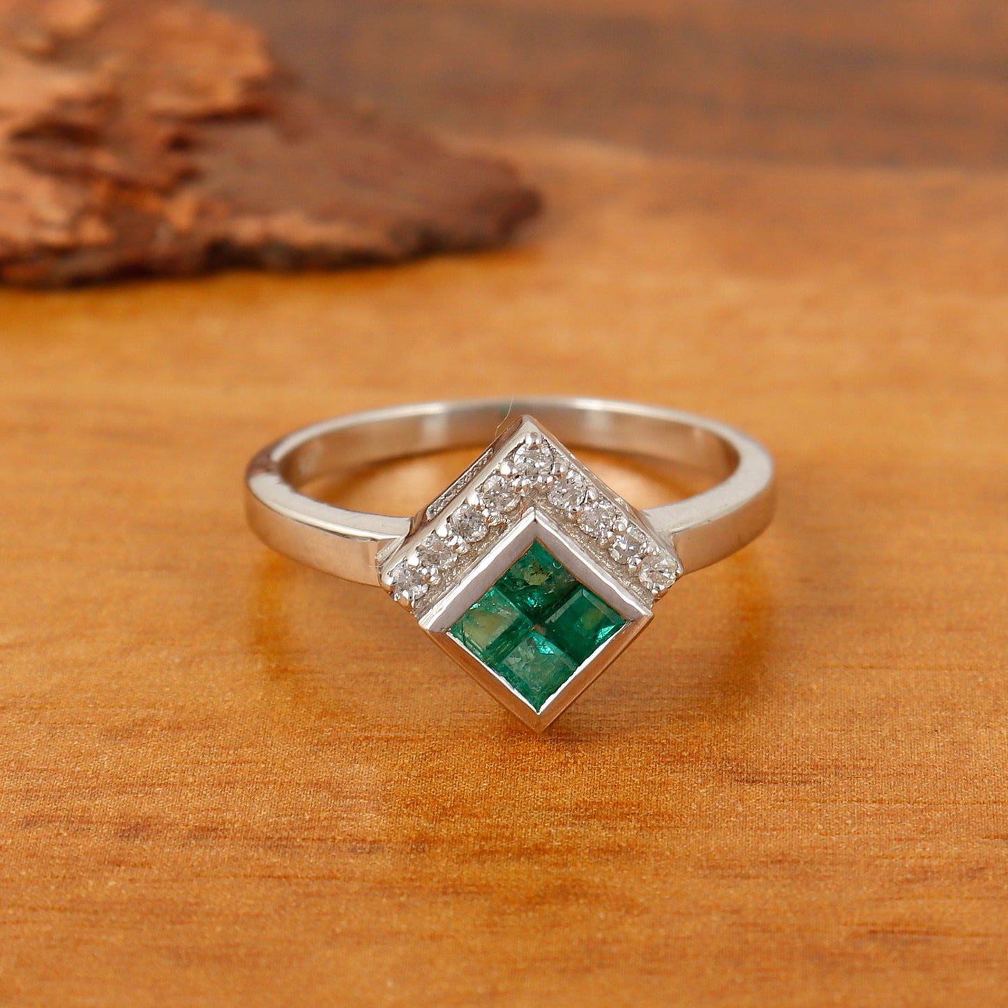 Natural Emerald & Diamond Ring 925 Sterling Silver Square Cut Gemstone Ring Wedding Gift for Her