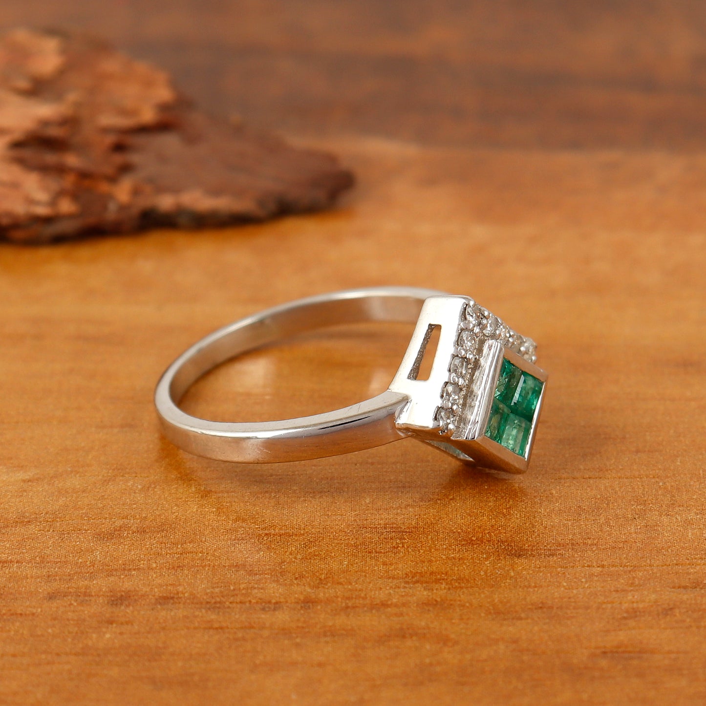 Natural Emerald & Diamond Ring 925 Sterling Silver Square Cut Gemstone Ring Wedding Gift for Her