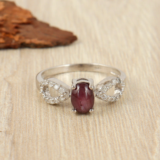 Natural Star Ruby & Diamond Ring 925 Sterling Silver Oval Cabochon Gemstone Ring Wedding Gift for Her