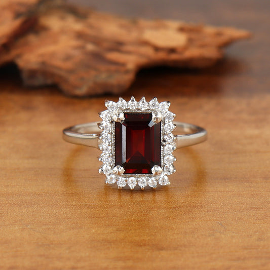 Natural Garnet Cluster Ring 925 Sterling Silver Octagon Cut Gemstone Ring January Birthstone Ring Gift for Her