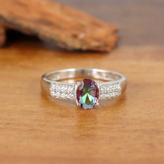 Natural Mystic Topaz Oval Cut Gemstone Ring-925 Sterling Silver Ring-Handmade Mystic Topaz Ring-Engagement Gift for Her-Anniversary Gift for Wife