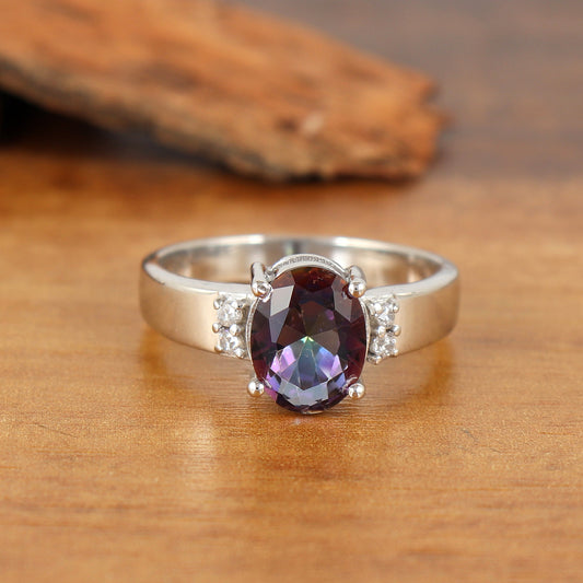 Natural Mystic Topaz Oval Cut Gemstone Ring-925 Sterling Silver Ring-Mystic Topaz Cluster Ring-Handmade Vintage Ring-Gift for Her Wife