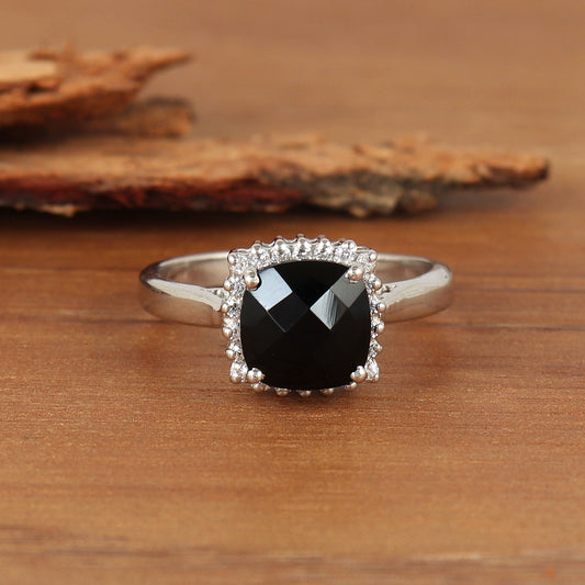 Natural Black Onyx Cluster Ring-925 Sterling Silver Ring-Cushion Cut Gemstone Ring-Handmade Ring-Wedding Gift-Anniversary Gift for Her