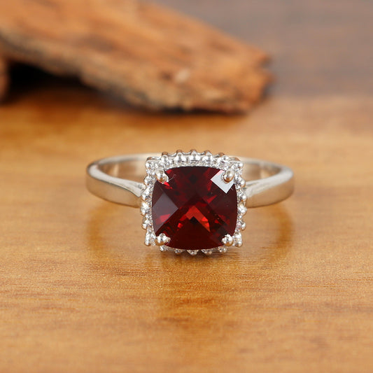 Natural Garnet Cluster Ring-925 Sterling Silver Ring-Handmade Ring-Statement Ring-Garnet Engagement Ring-Cushion Cluster Ring-Gift for Her