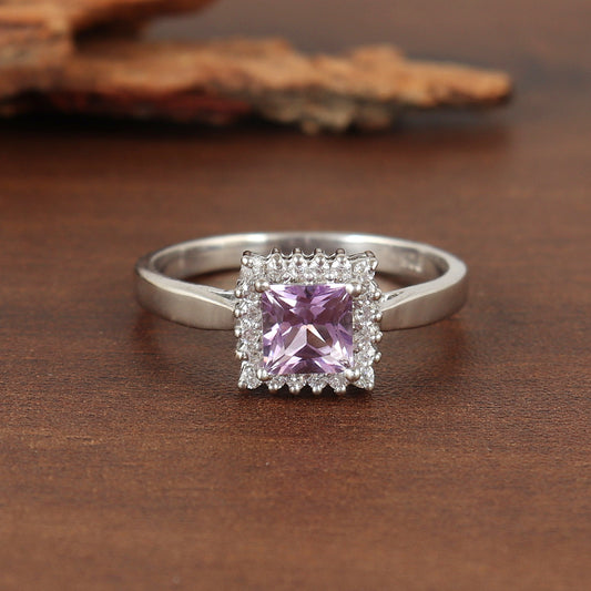 Natural Amethyst Square Gemstone Ring-925 Sterling Silver Ring-Handmade Cluster Ring-Statement Ring-Amethyst Engagement Ring-Gift for Her