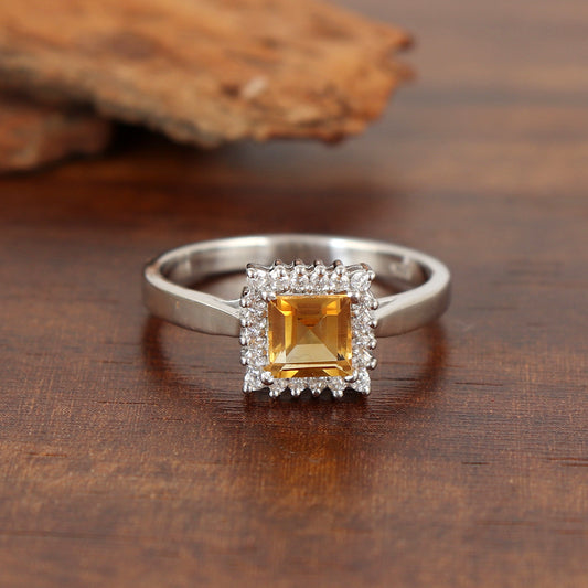 Natural Citrine Square Gemstone Cluster Ring-925 Sterling Silver Ring-Handmade Ring-Statement Ring-Citrine Engagement Ring-Gift for Her