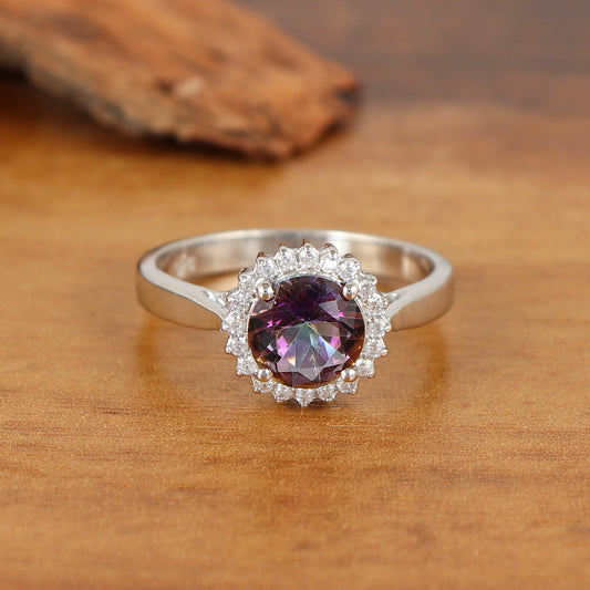 Natural Mystic Topaz Cluster Ring-925 Sterling Silver Ring-Rainbow Topaz Ring-Round Gemstone Ring-Mystic Topaz Jewelry-Wedding Gift for Her