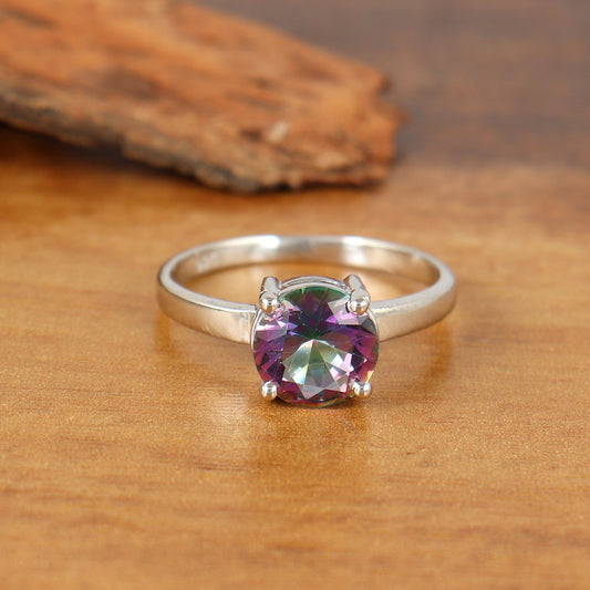 Rainbow Topaz Ring-925 Sterling Silver Ring-Mystic Topaz Ring-Multi Fire Topaz Ring-8mm Round Cut Gemstone Ring-Handmade Ring Gift for Her
