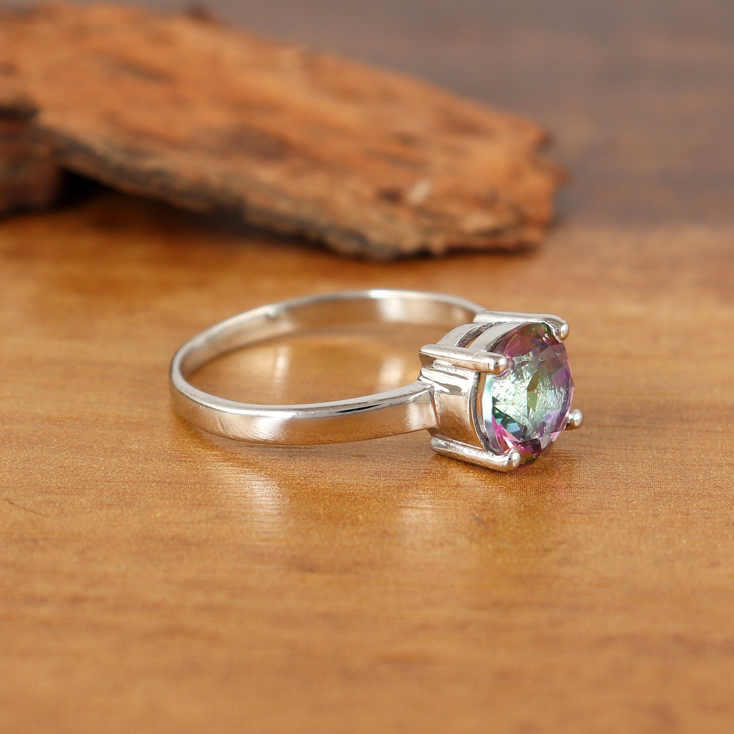 Rainbow Topaz Ring-925 Sterling Silver Ring-Mystic Topaz Ring-Multi Fire Topaz Ring-8mm Round Cut Gemstone Ring-Handmade Ring Gift for Her