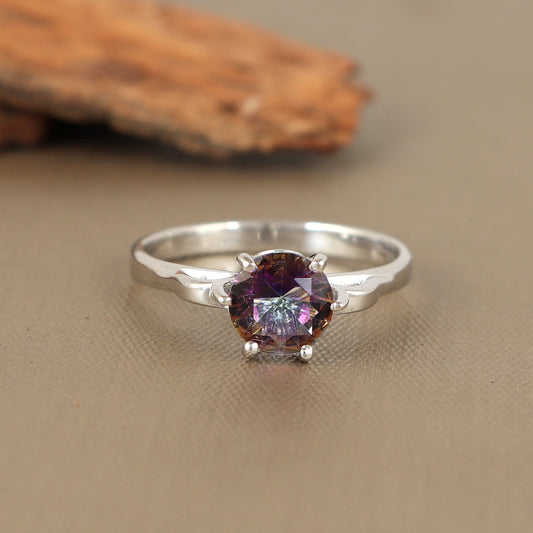 Mystic Topaz Round Gemstone Ring-925 Sterling Silver-Rainbow Topaz Ring-Dainty Engagement Ring-Prong Set Mystic Ring-Wedding Gift for Her