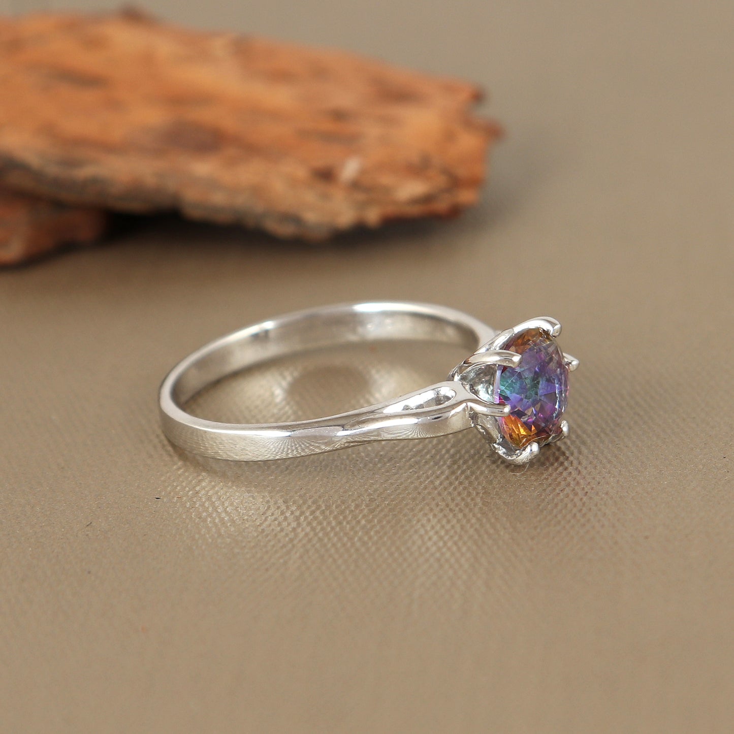 Mystic Topaz Round Gemstone Ring-925 Sterling Silver-Rainbow Topaz Ring-Dainty Engagement Ring-Prong Set Mystic Ring-Wedding Gift for Her