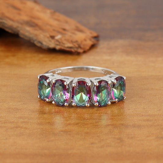 Natural Mystic Topaz Oval Gemstone Ring-925 Sterling Silver-Mystic Topaz Ring-Half Eternity Band-Birthstone Ring-Engagement Gift-Wedding Ring