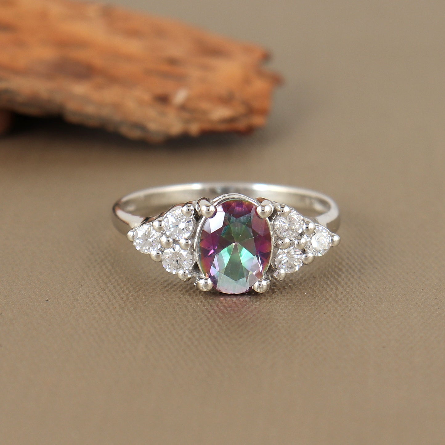 Natural Mystic Topaz Oval Gemstone Ring-925 Sterling Silver-Mystic Topaz Ring-Rainbow Topaz Ring-Mystic Topaz Cluster Ring-Wedding Gift