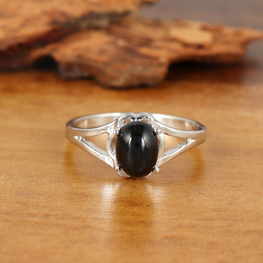 Black Star Sapphire Ring-925 Sterling Silver Ring-Black Star Ring-Oval Cabochon Ring-Black Star Silver Ring-Black Star Jewelry-Gift for Her
