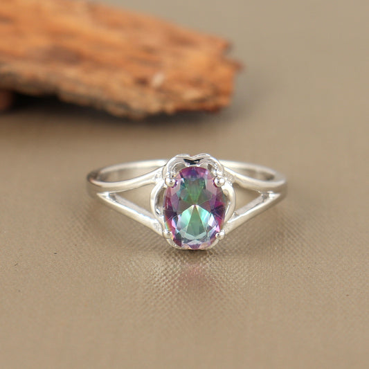 Mystic Topaz Sterling Silver Ring-Oval Cut Gemstone Ring-Rainbow Topaz Ring-Handmade Ring-Mystic Topaz Women's Jewelry-Wedding Gift for Her