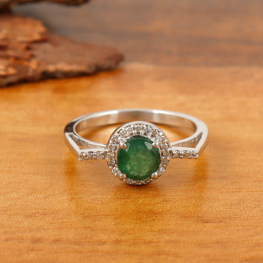 Emerald & Diamond Ring 925 Sterling Silver Round Cut Gemstone Ring Wedding Gift for Her