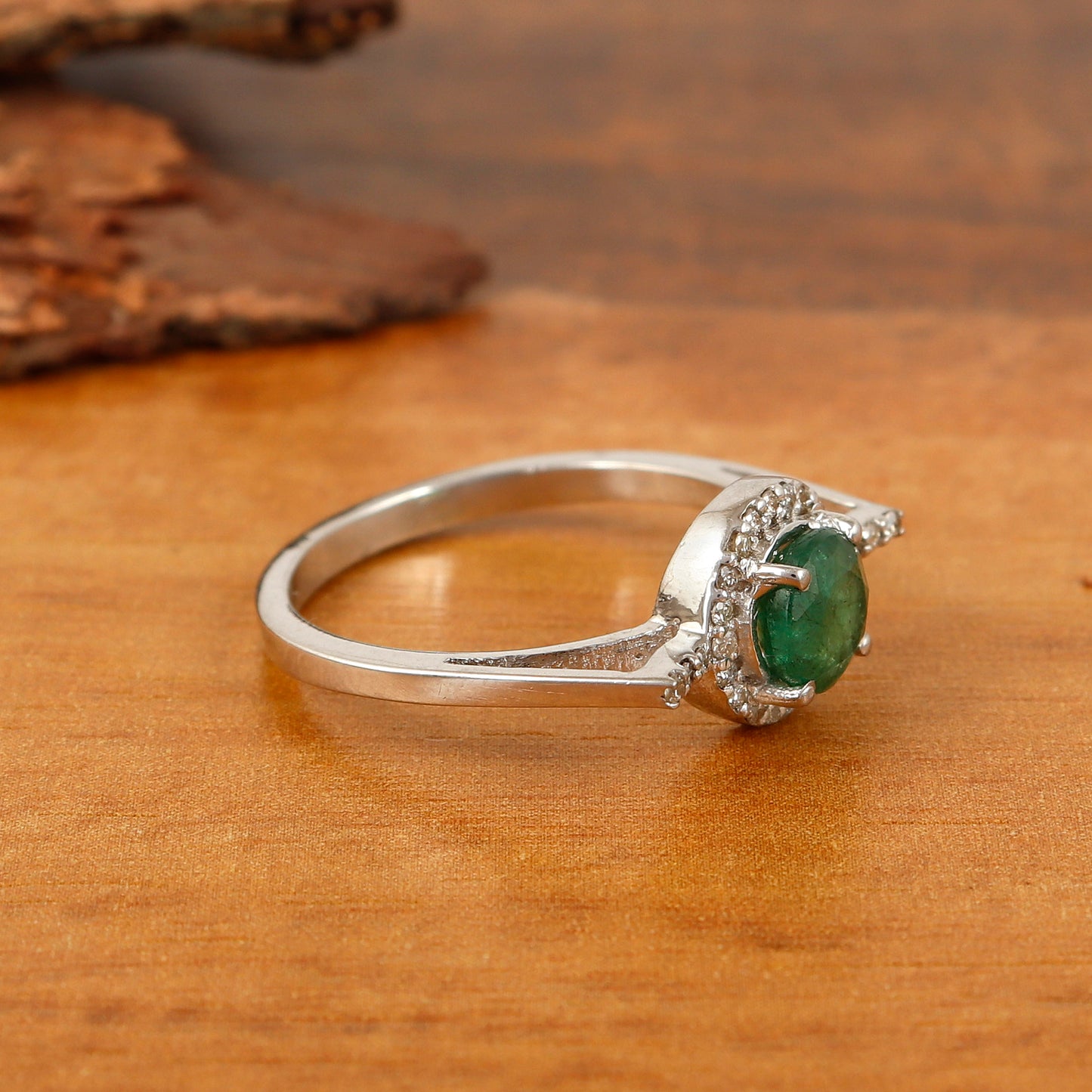 Emerald & Diamond Ring 925 Sterling Silver Round Cut Gemstone Ring Wedding Gift for Her