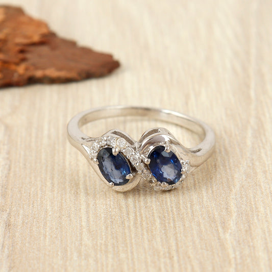 Natural Blue Sapphire Oval Cut Gemstone Cluster Ring 925 Sterling Silver Handmade Ring September Birthstone Ring Gift for Engagement
